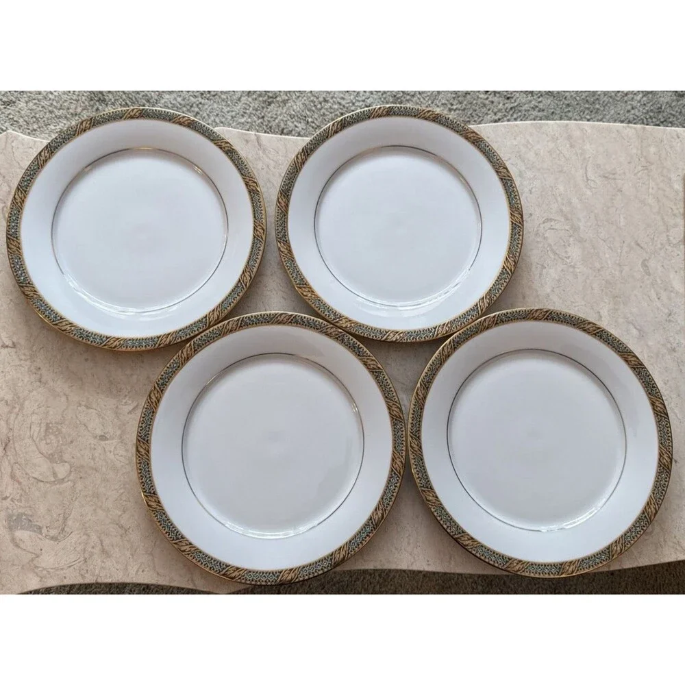 Lot Of 4 Muirfield French Scroll 9210 Dinner Plates Vintage 1990s Gold Rim EUC